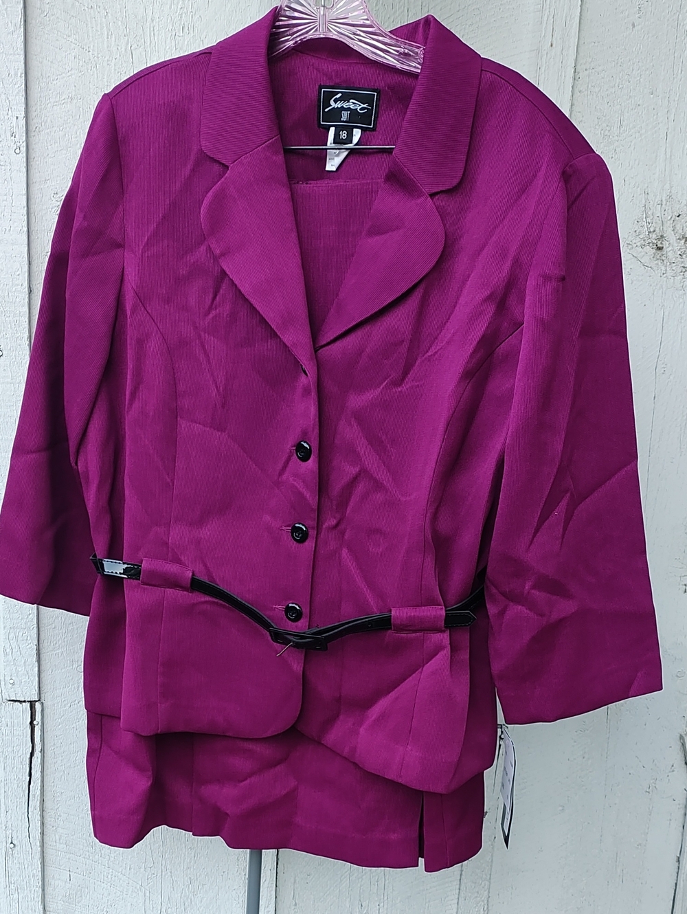 Vintage NWT Sweet Suit Fuchsia Blazer And Skirt Set with Belt, Size 18, 80s 90s